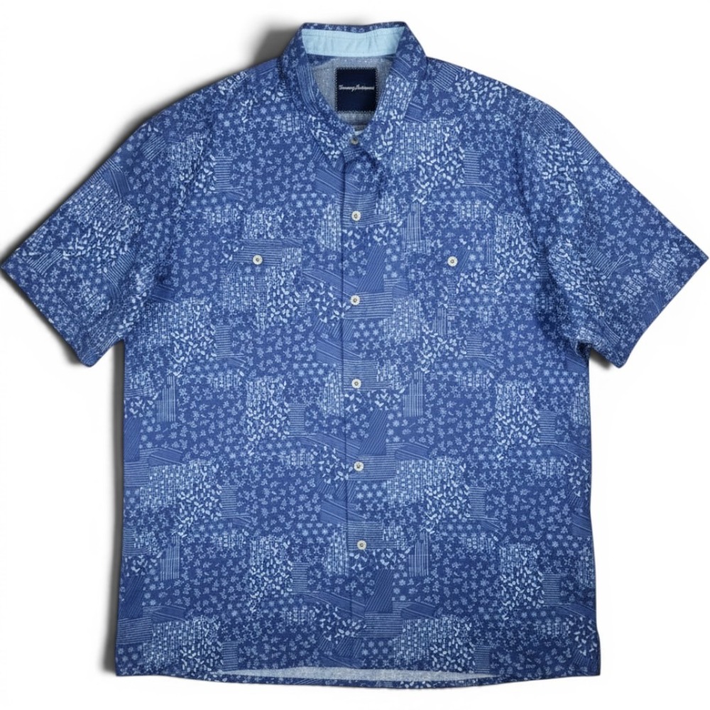 Tommy Bahama Shirt Mens Large Blue Floral Patchwork Silk Cotton Short Sleeve L - Picture 1 of 9